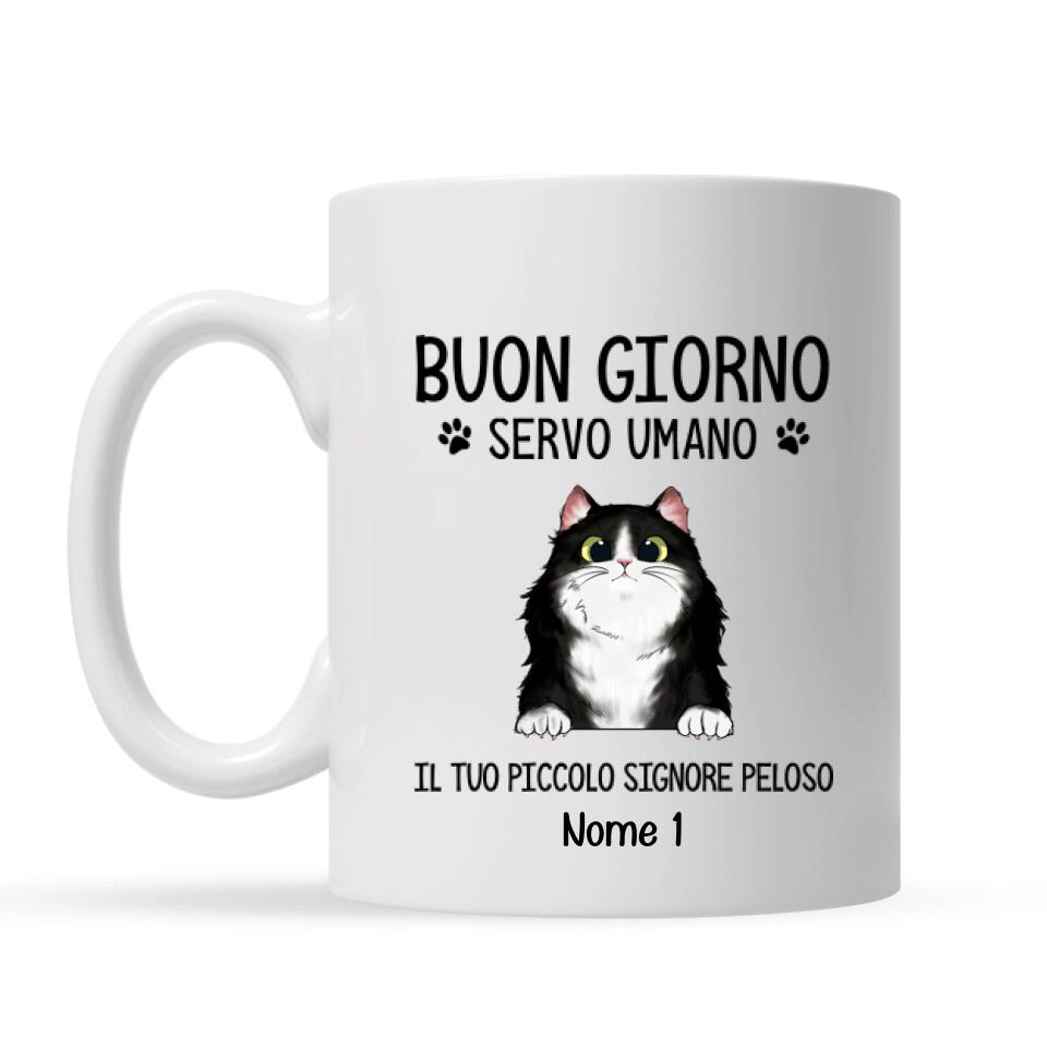 Taza personalizada para amantes de los gatos | Regalo personalizado para amantes de los gatos | Buenos días sirviente humano, tu pequeño señor peludo 